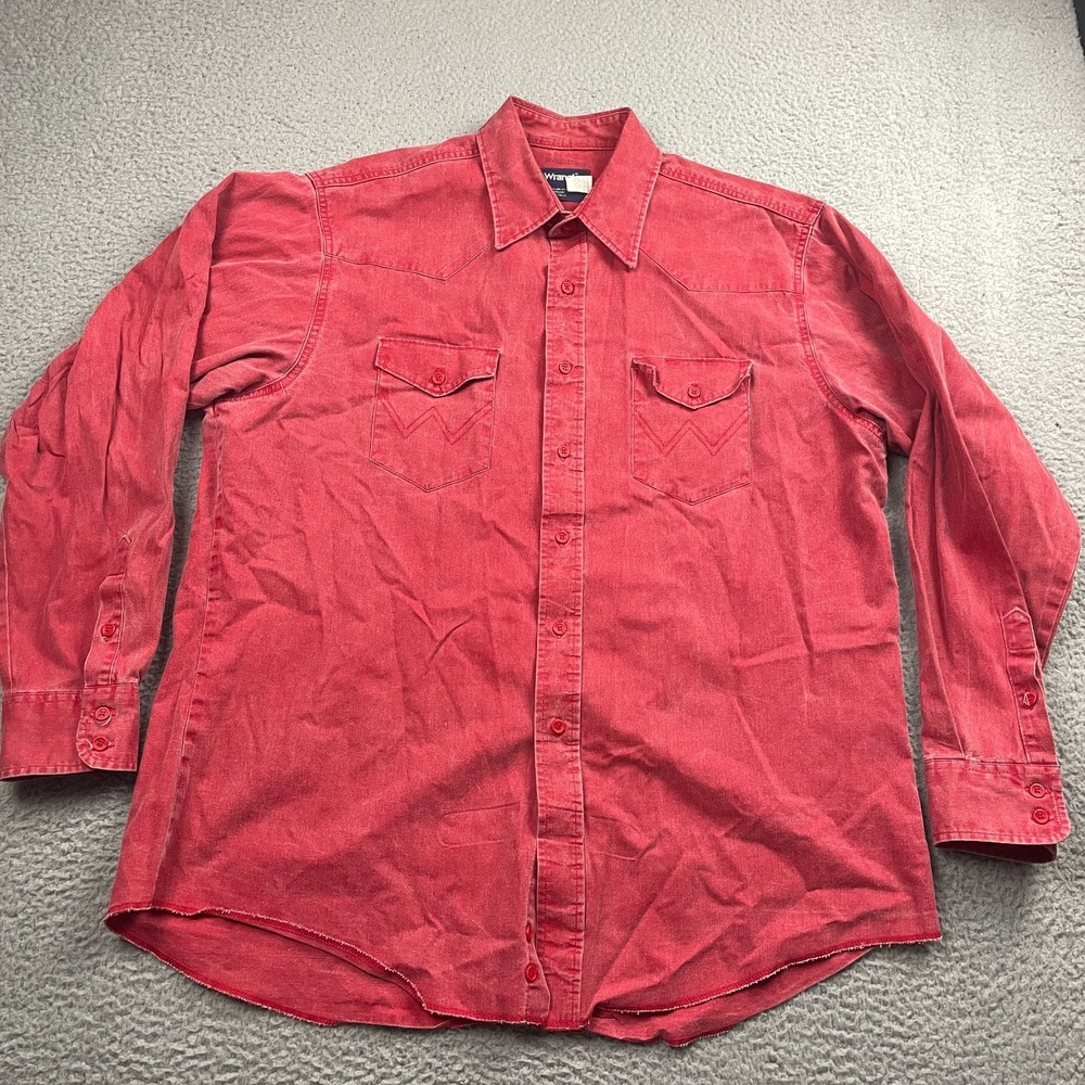 VTG Wrangler Brushpopper Shirt Mens 17.5-35 Faded Red Button Up Western